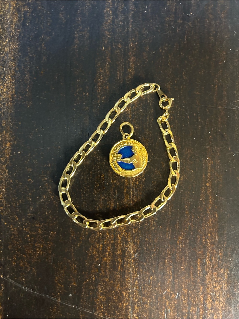 Gold Link Charm Bracelet with Endymion 1998 Blue Enamel Coin Charm Pendant